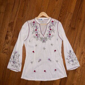 Sahalie 100% Cotton Embroidered Tunic White Floral Flare Sleeve Size M